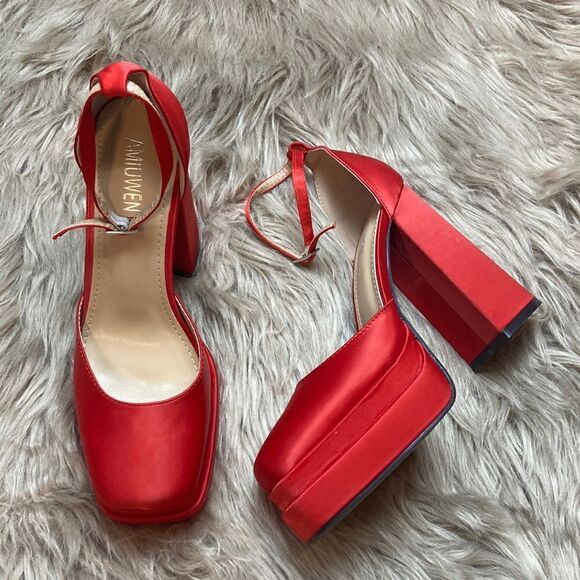 AMIUWEN Red Block Chunk Ankle Strap Platform Heels-closed toe sandal - Picture 2 of 9